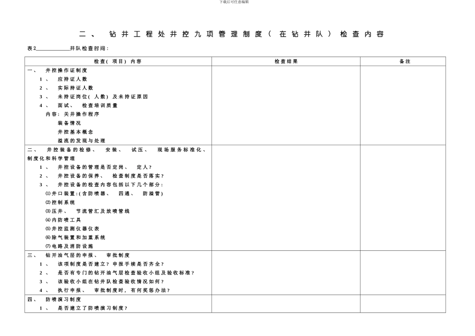 二钻井工程处井控九项管理制度在钻井队检查内容模板_第1页