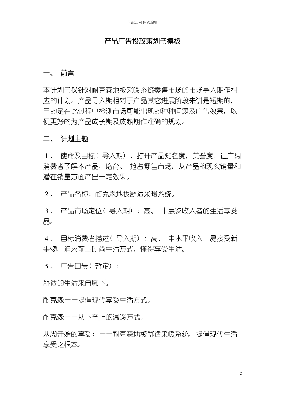 产品广告投放策划书样本_第2页