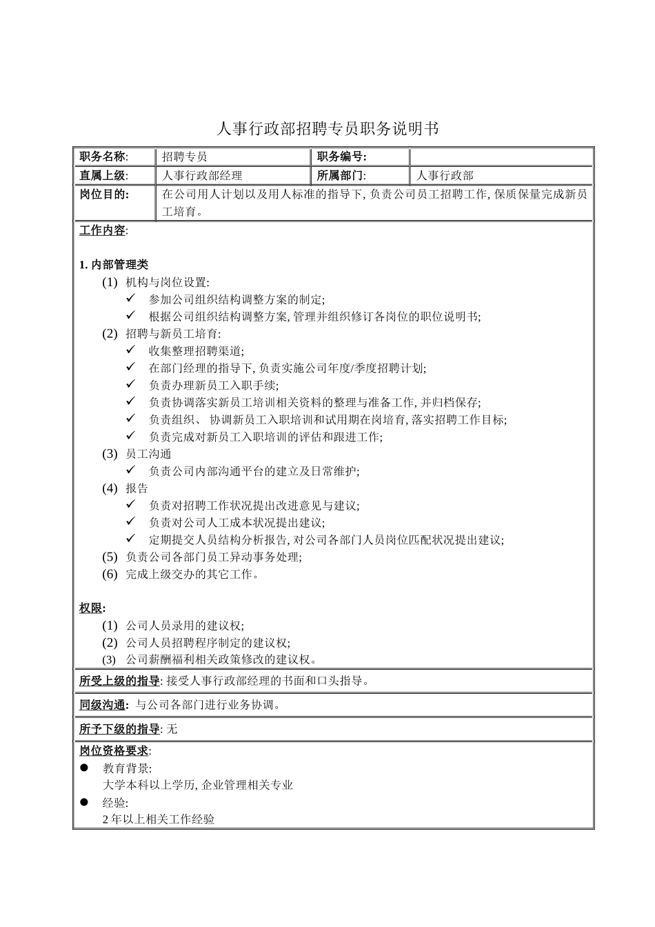 人事行政部招聘专员职务说明书_第2页