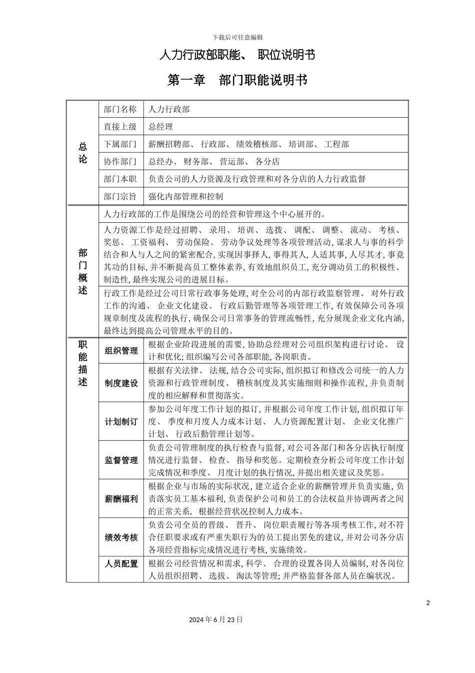 人力行政部职能职位说明书_第2页