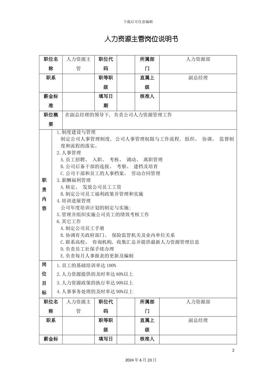 人力资源主管岗位说明书_第2页