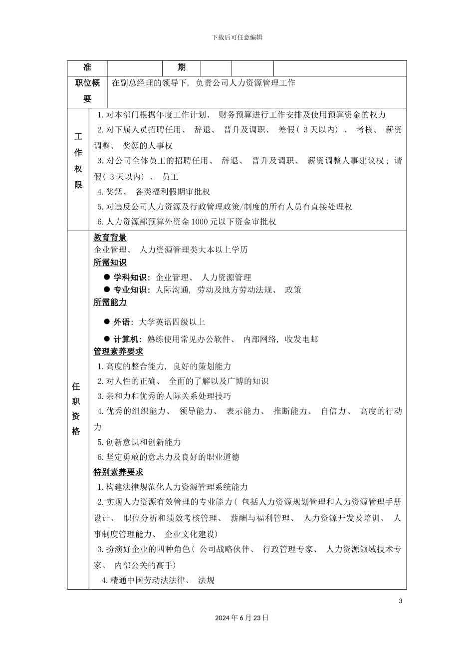 人力资源主管岗位说明书_第3页