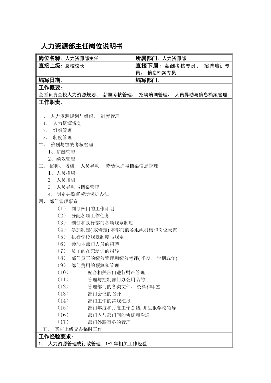 人力资源室主任岗位说明书_第2页