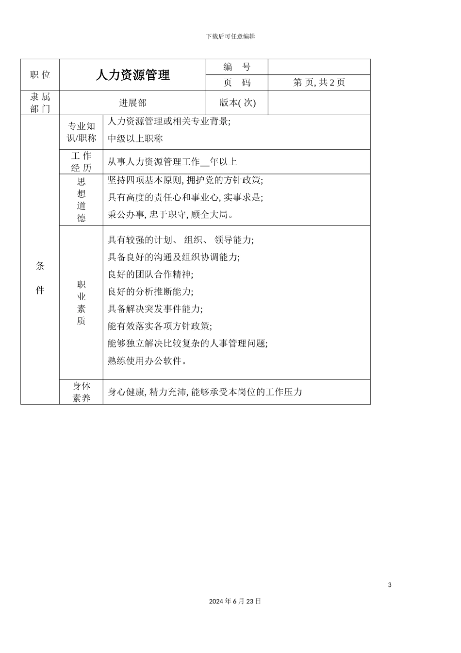 人力资源管理岗位说明书_第3页