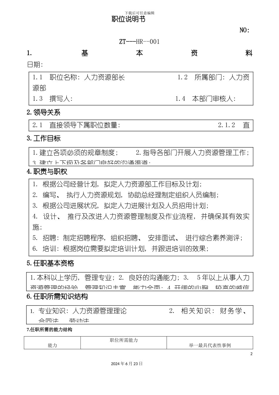 人力资源经理职务说明书_第2页