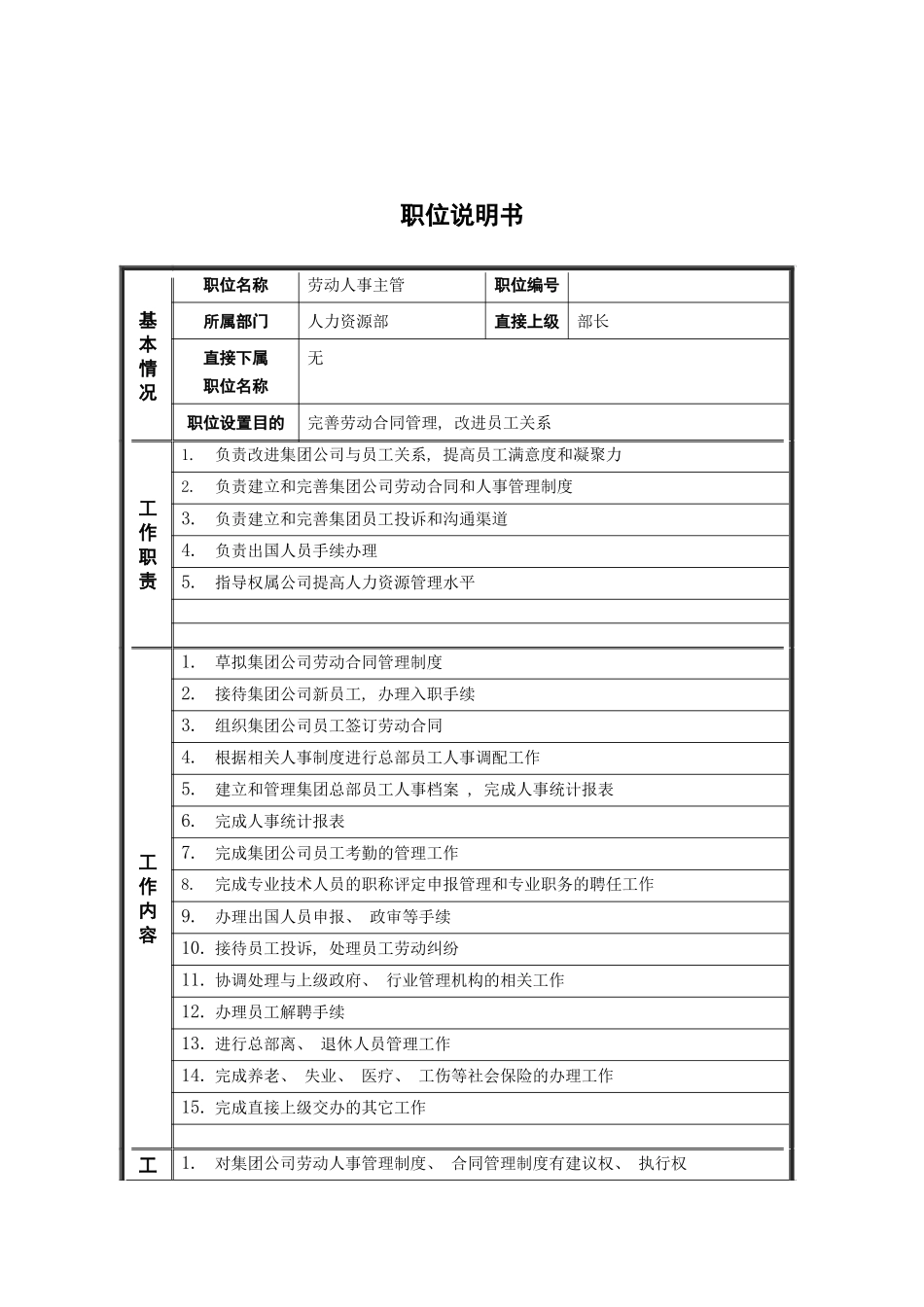 人力资源部劳动人事主管岗位说明书_第2页