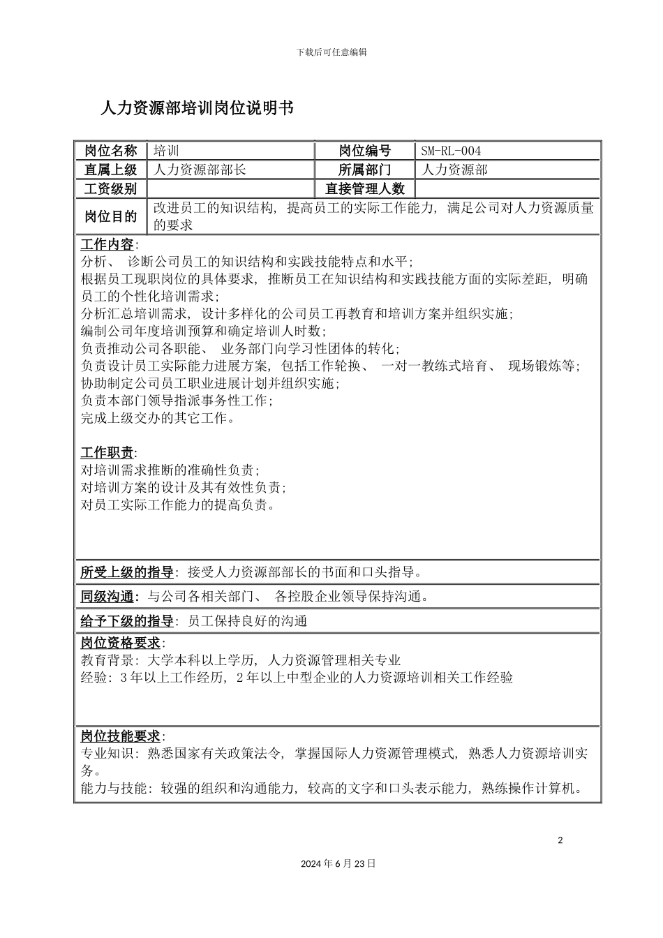 人力资源部培训岗位说明书_第2页