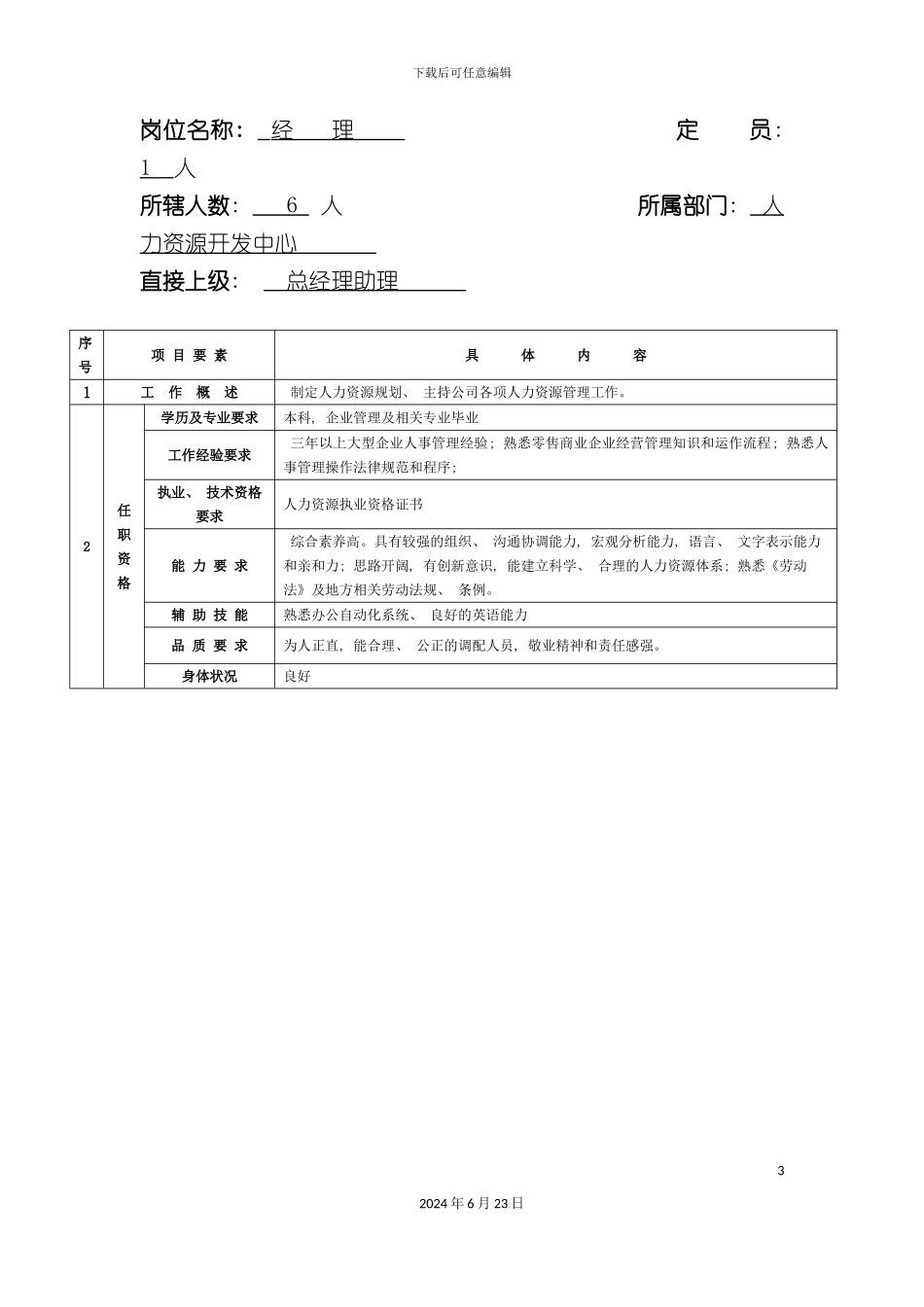人力资源部岗位说明书_第3页