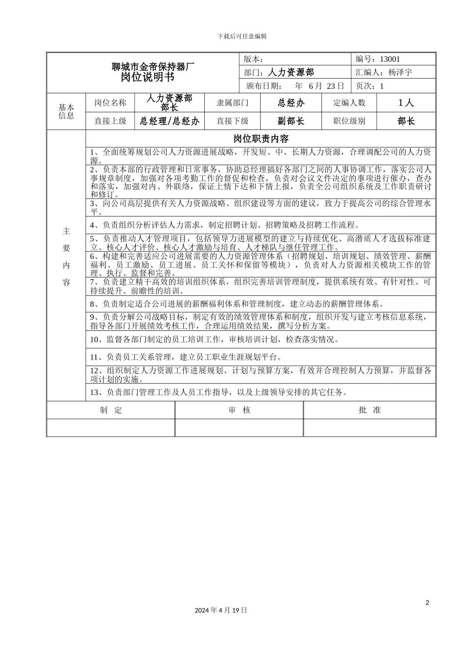 人力资源部岗位职责说明书_第2页