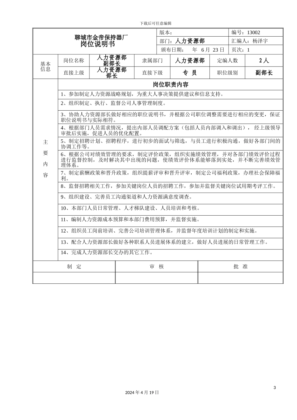 人力资源部岗位职责说明书_第3页