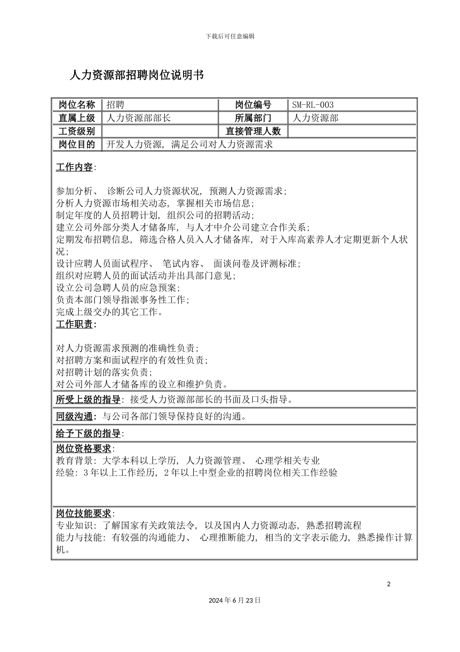 人力资源部招聘岗位说明书_第2页