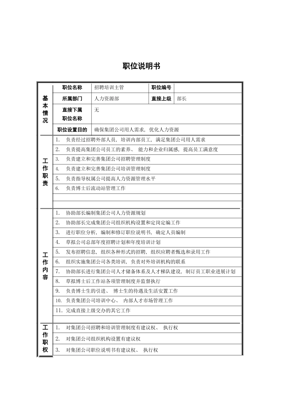 人力资源部招聘培训主管岗位说明书_第2页