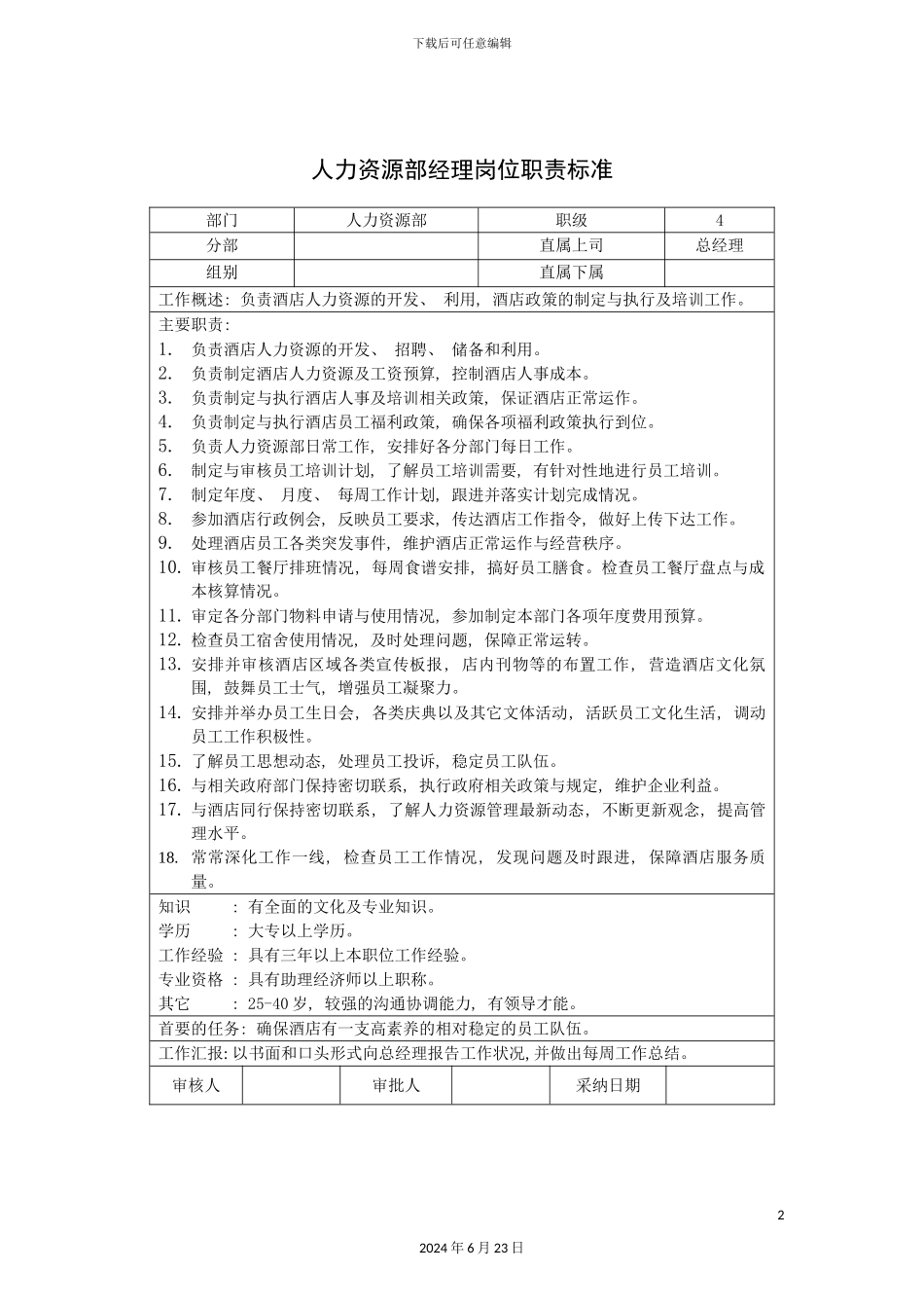 人力资源部经理岗位职责标准_第2页