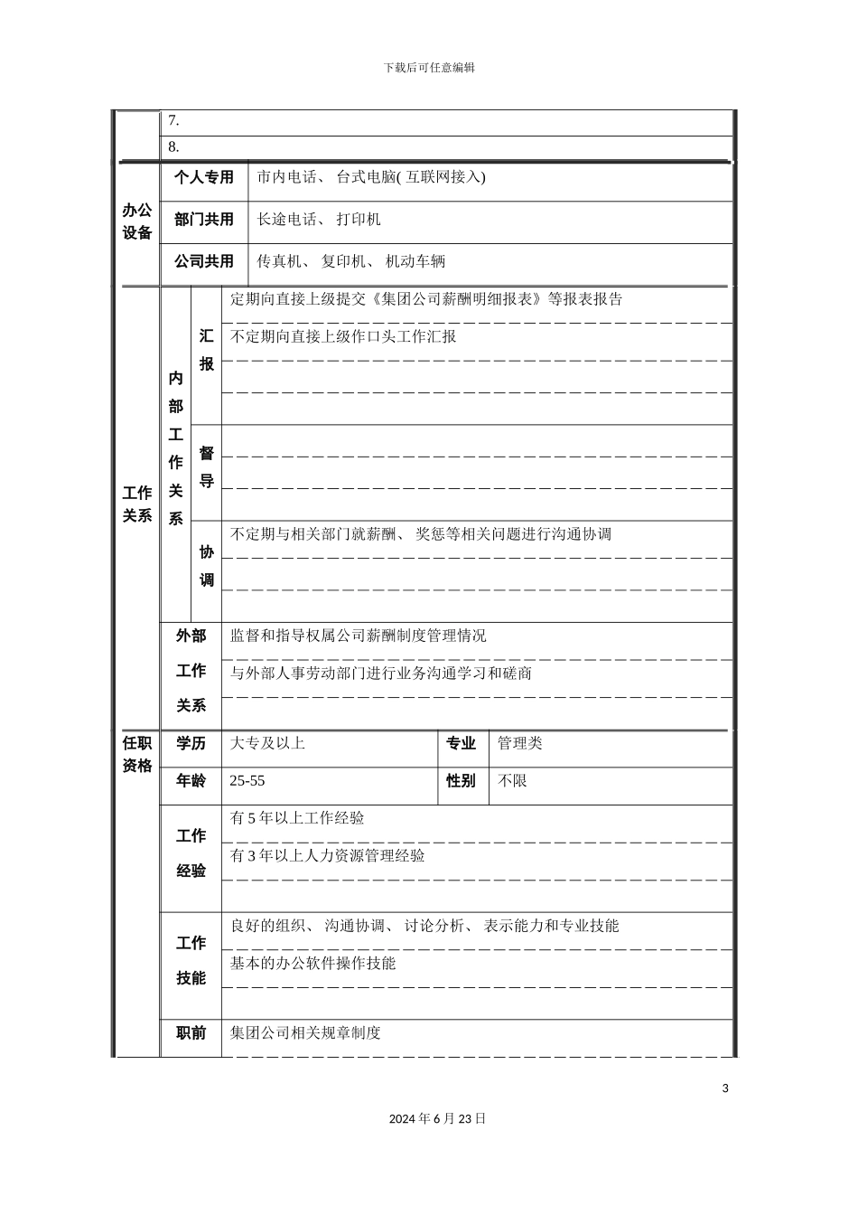 人力资源部薪酬管理职位说明书_第3页