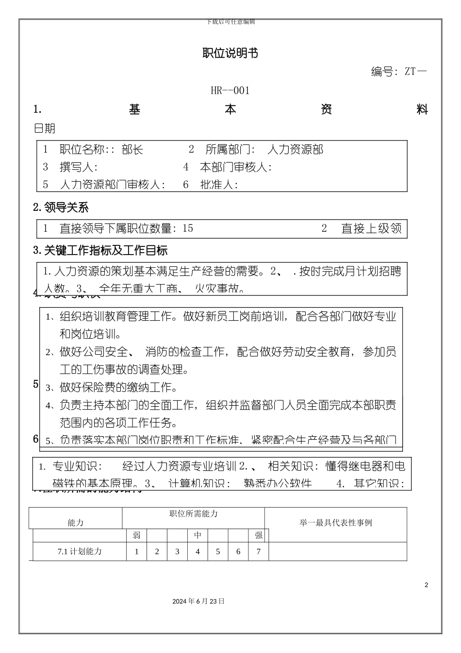 人力资源部长职务说明书_第2页