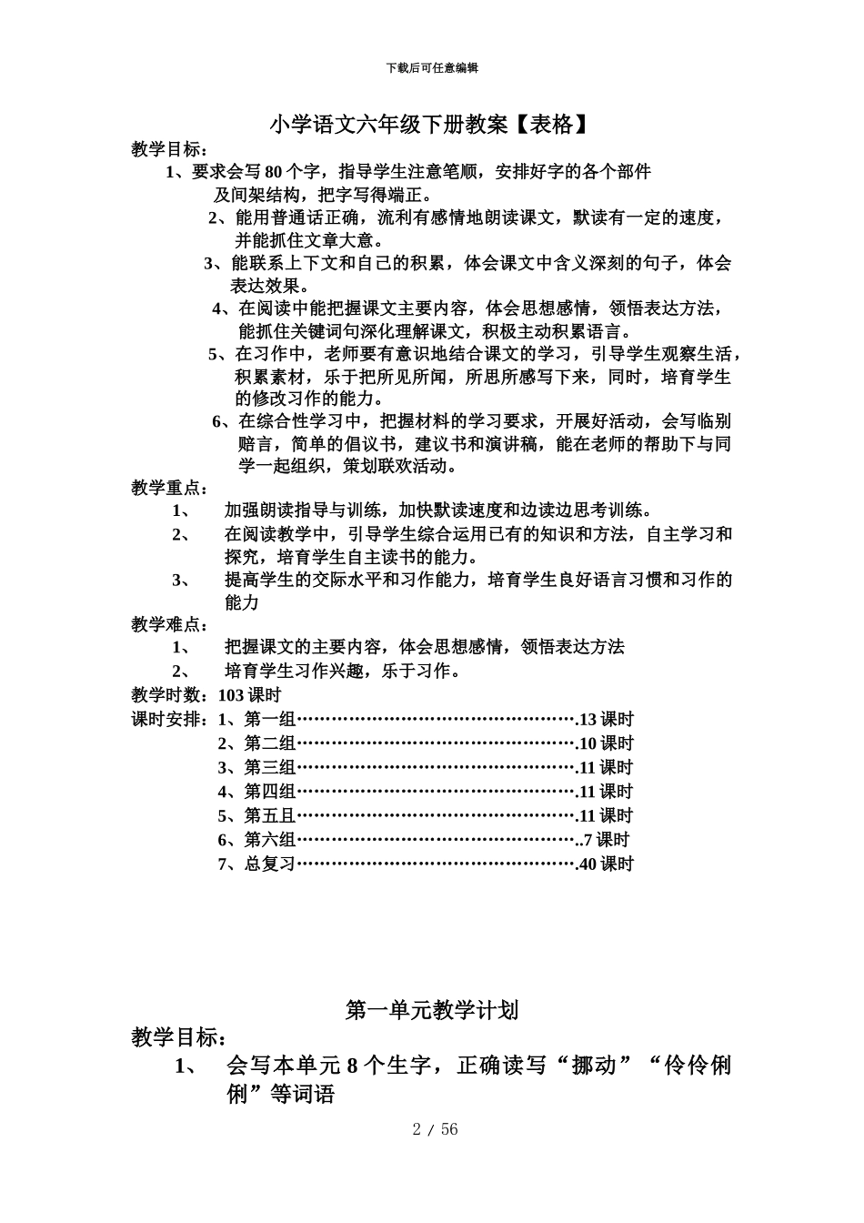 人教版六年级下册语文全册教案表格式_第2页