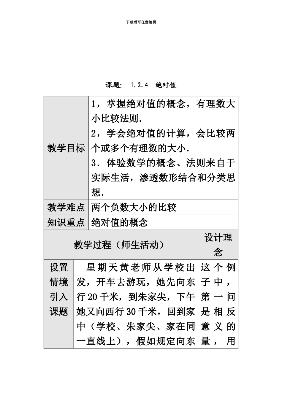 人教版初中数学七年级上册课题绝对值表格式优秀教案教学设计附反思_第2页