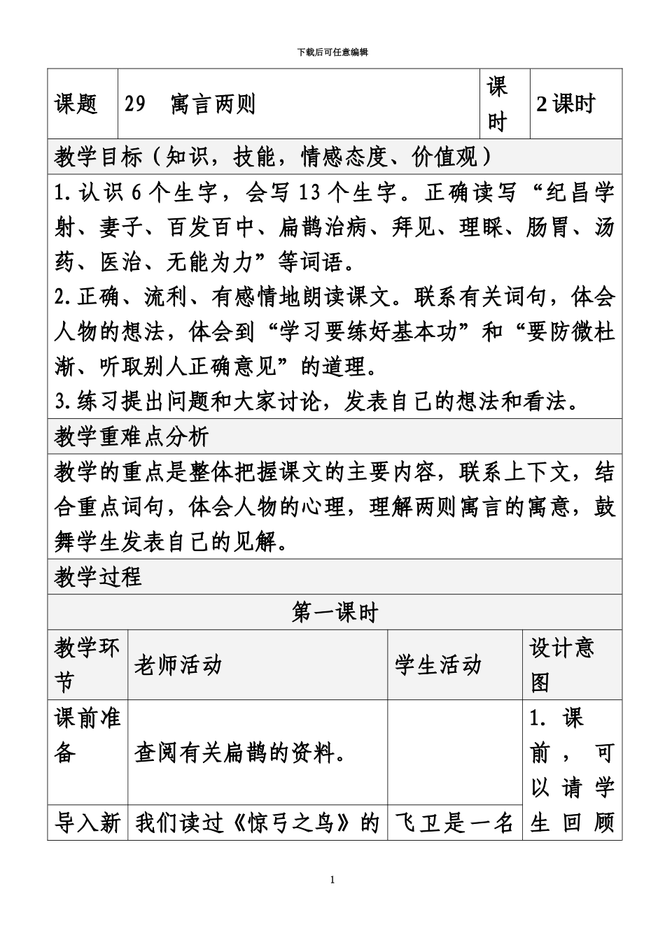 人教版四年级下册语文第八单元表格教案_第2页