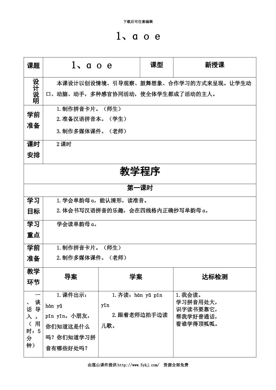 人教版小学一年级汉语拼音教案表格式_第2页