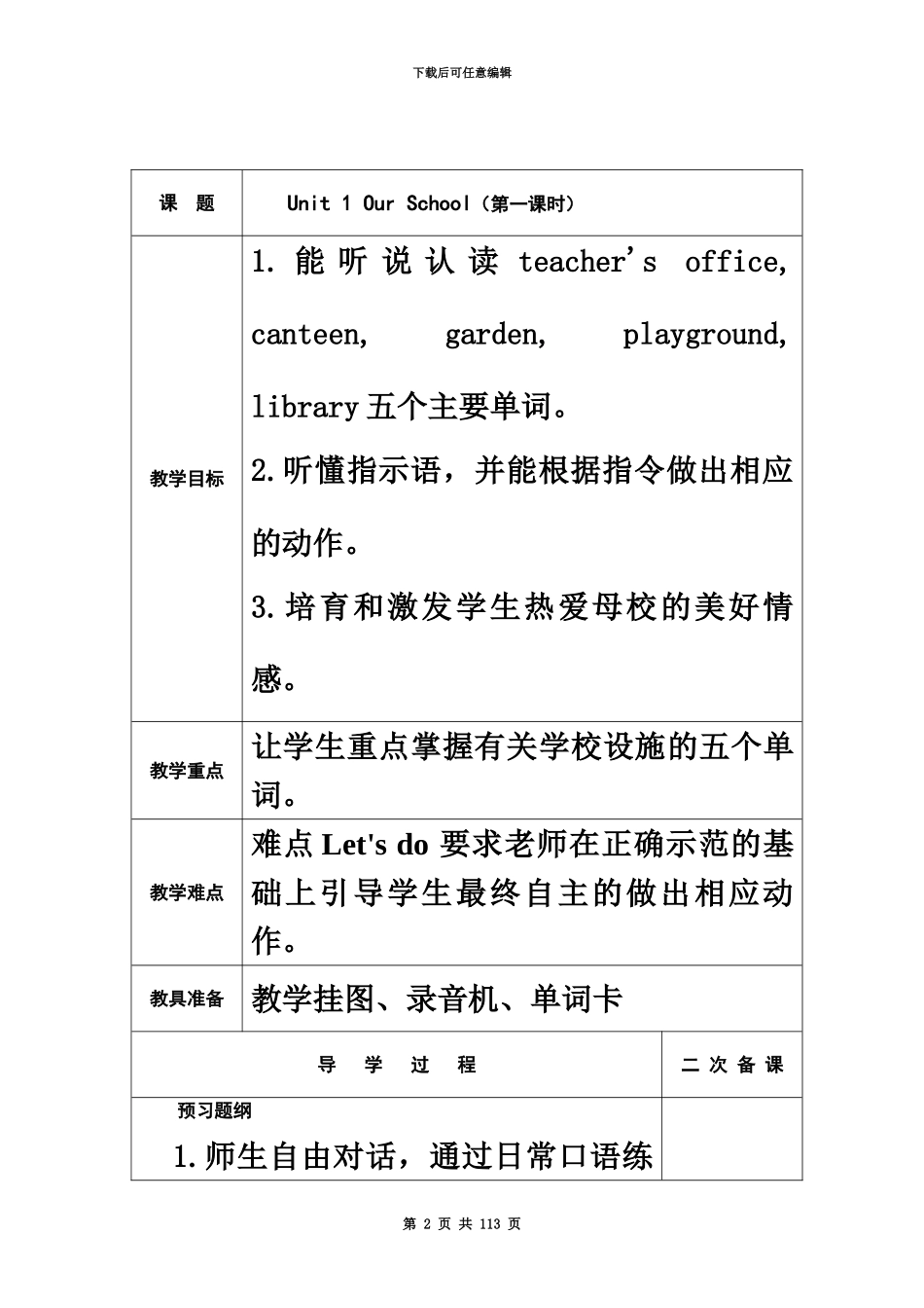 人教版小学英语四年级下册全册教案表格式_第2页