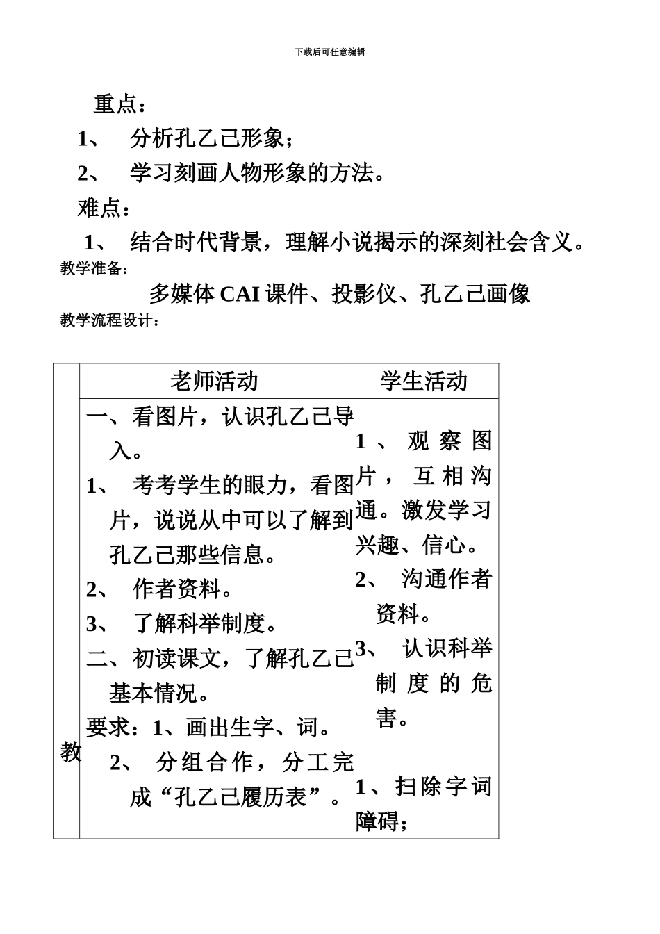 人教版语文九年级下册孔乙己表格式教学设计_第3页