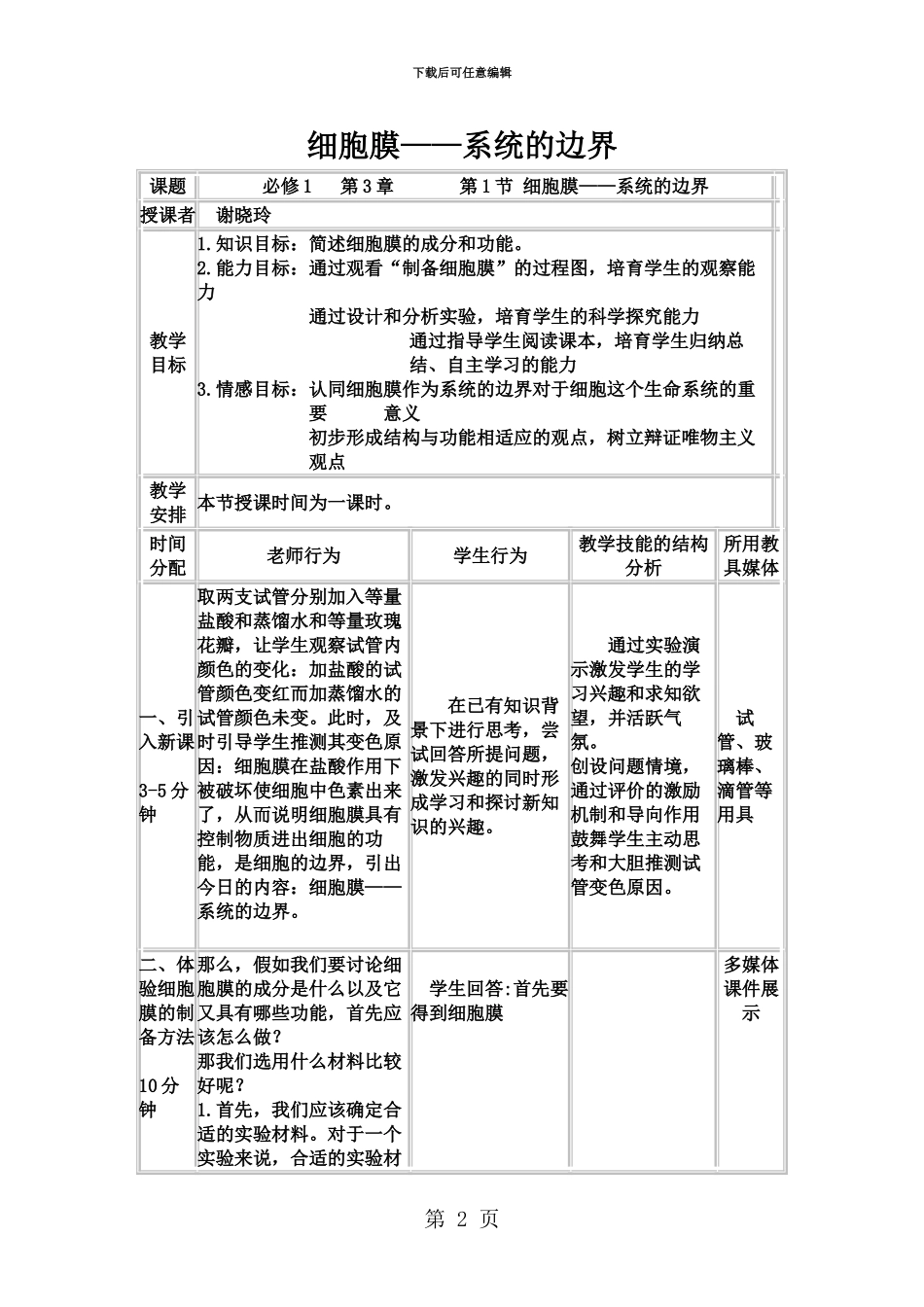 人教版高中生物必修一第三章第节细胞膜系统的边界表格教案页最新学习文档_第2页