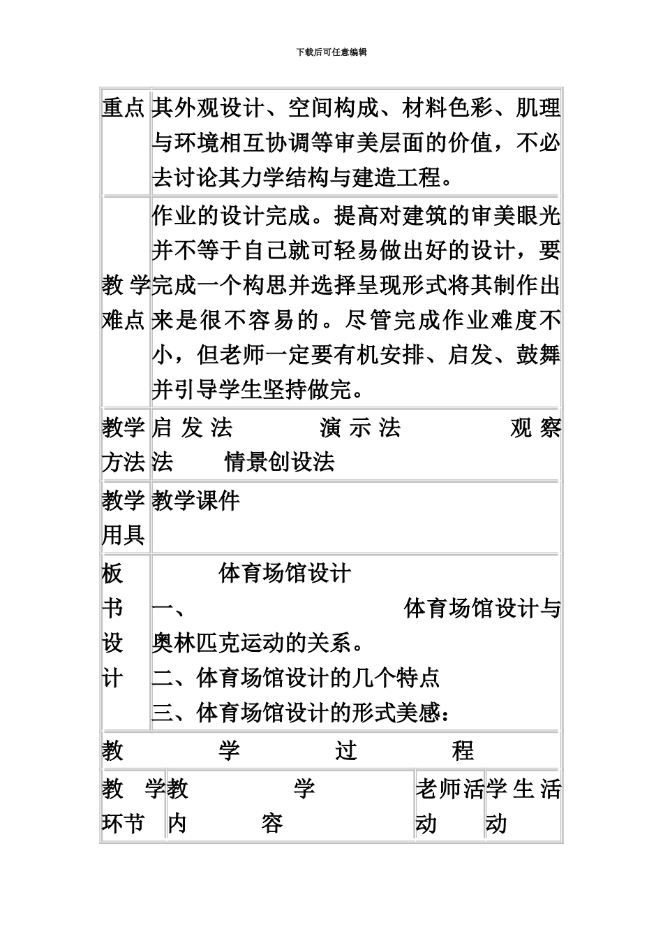 人美版初中美术八年级下册体育场馆设计表格式教案教学设计_第3页
