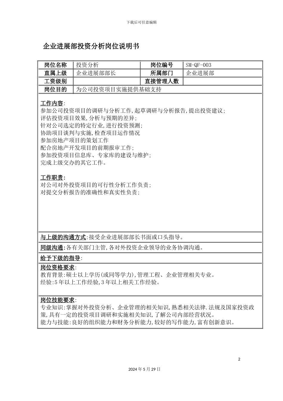 企业发展部投资分析职位说明书_第2页