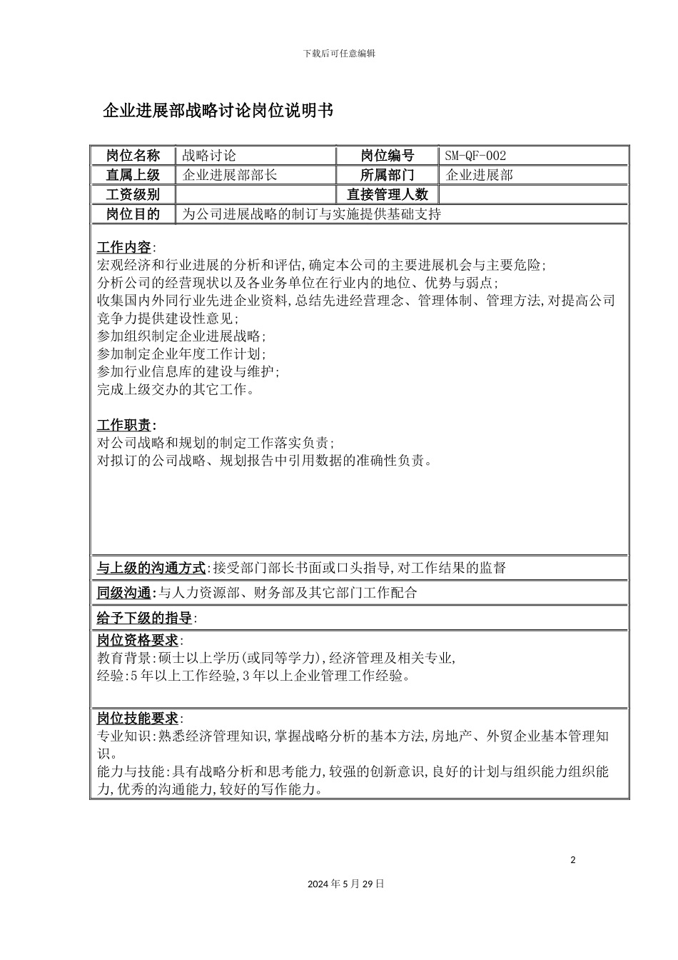 企业发展部战略研究职位说明书_第2页