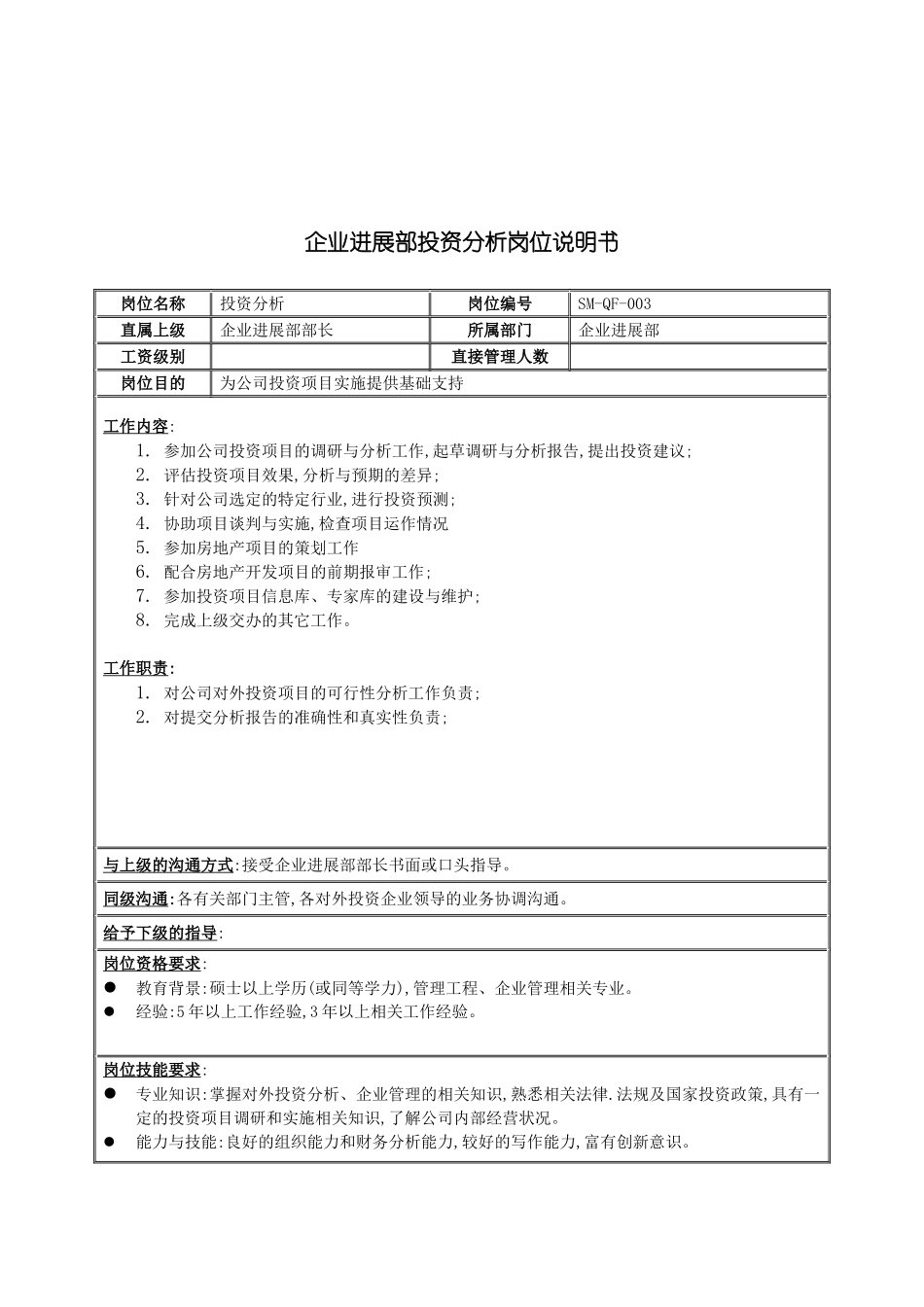 企业发展部投资分析职务说明书_第2页