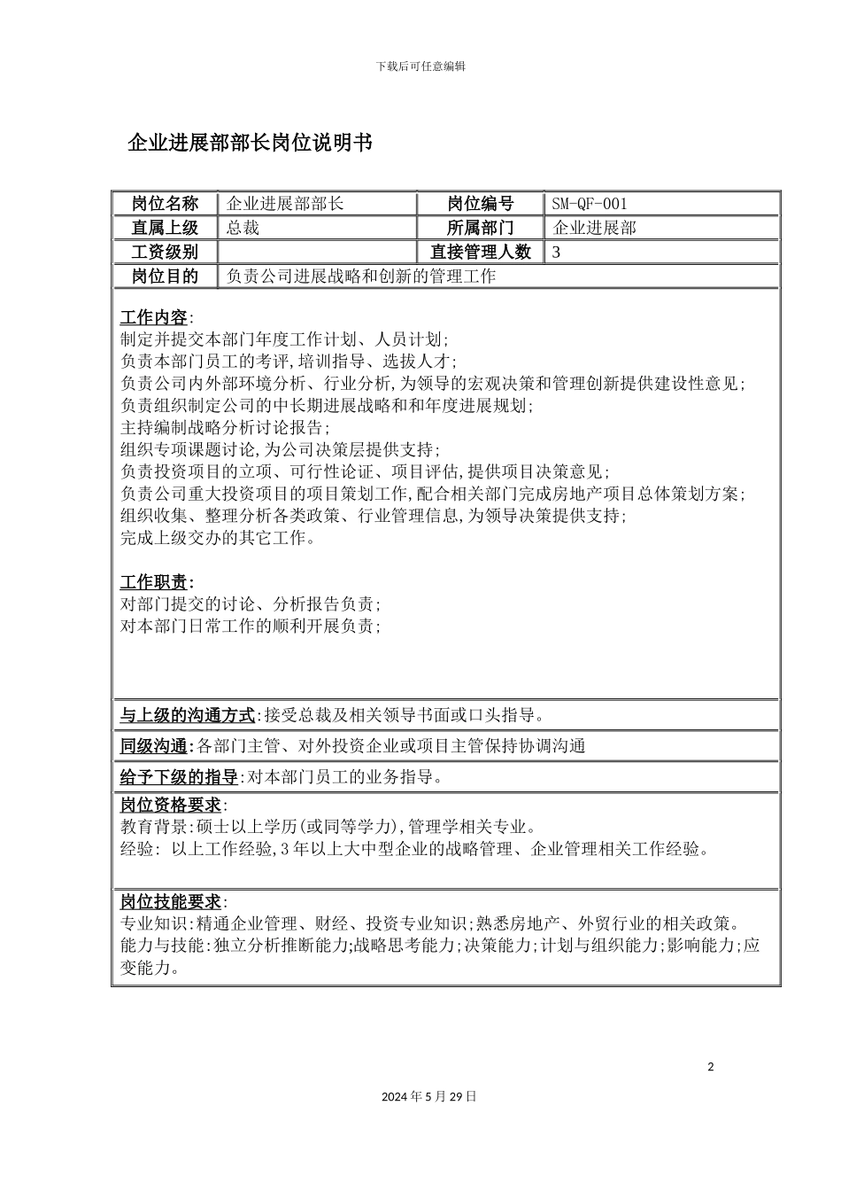 企业发展部部长职位说明书_第2页