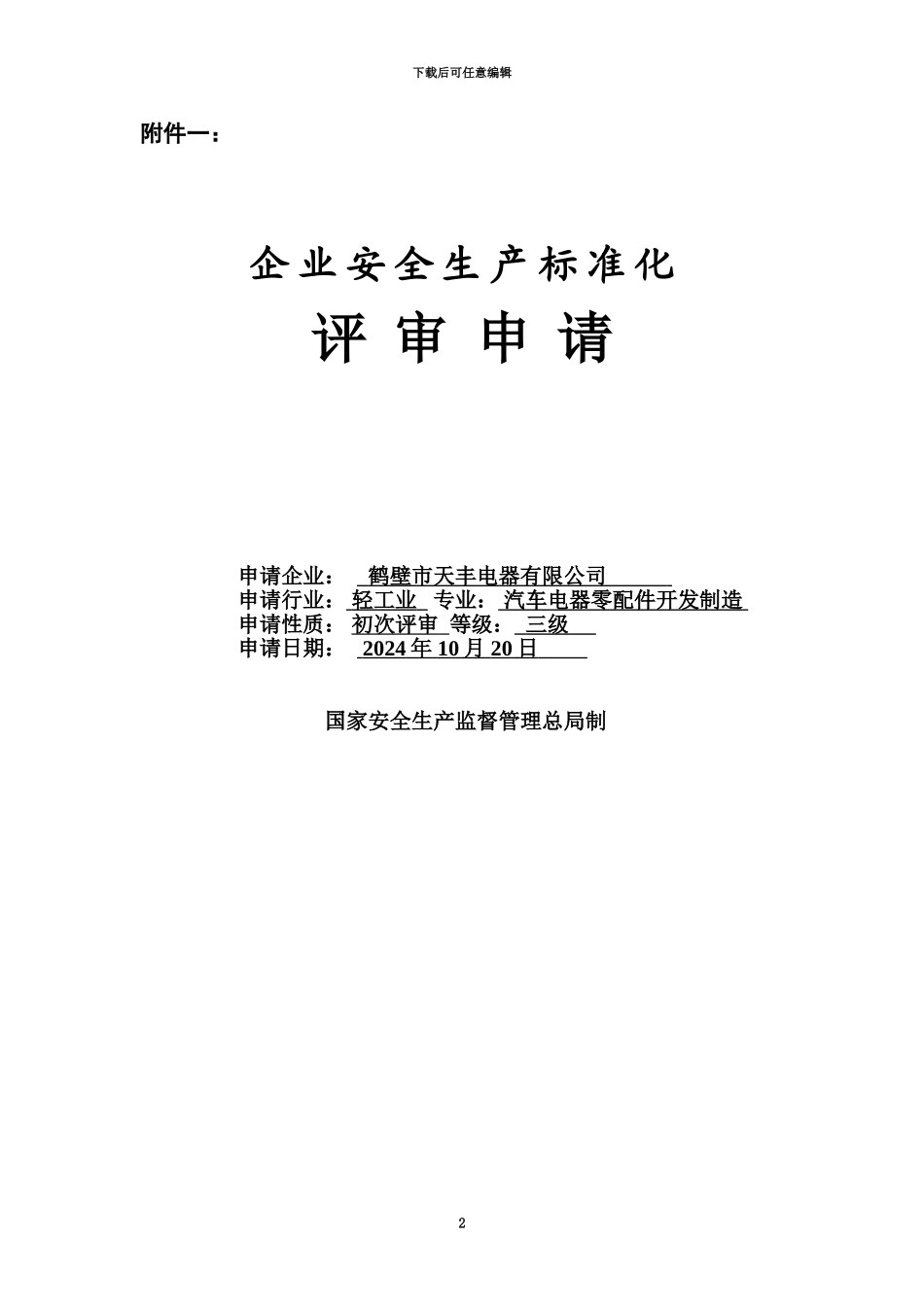企业安全生产标准化评审申请表_第2页