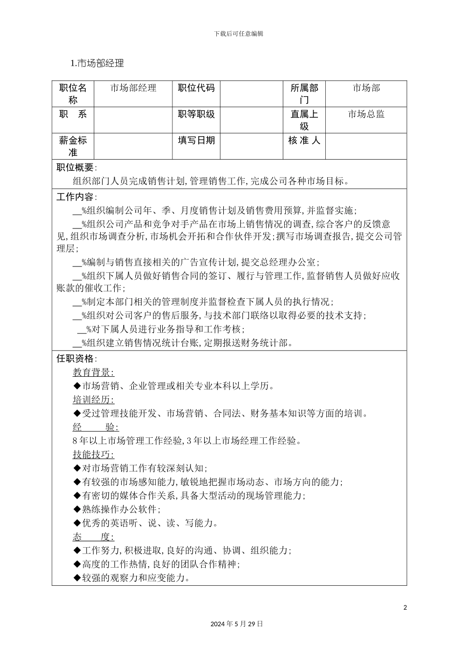 企业市场营销部门职位说明书大全_第2页