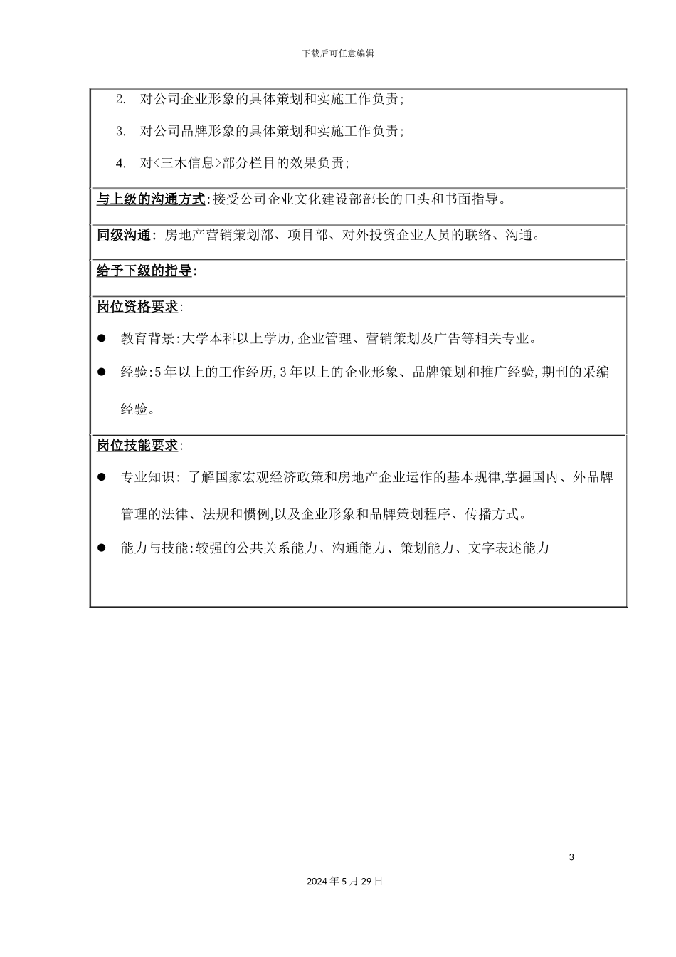 企业文化建设部品牌管理职务说明书_第3页