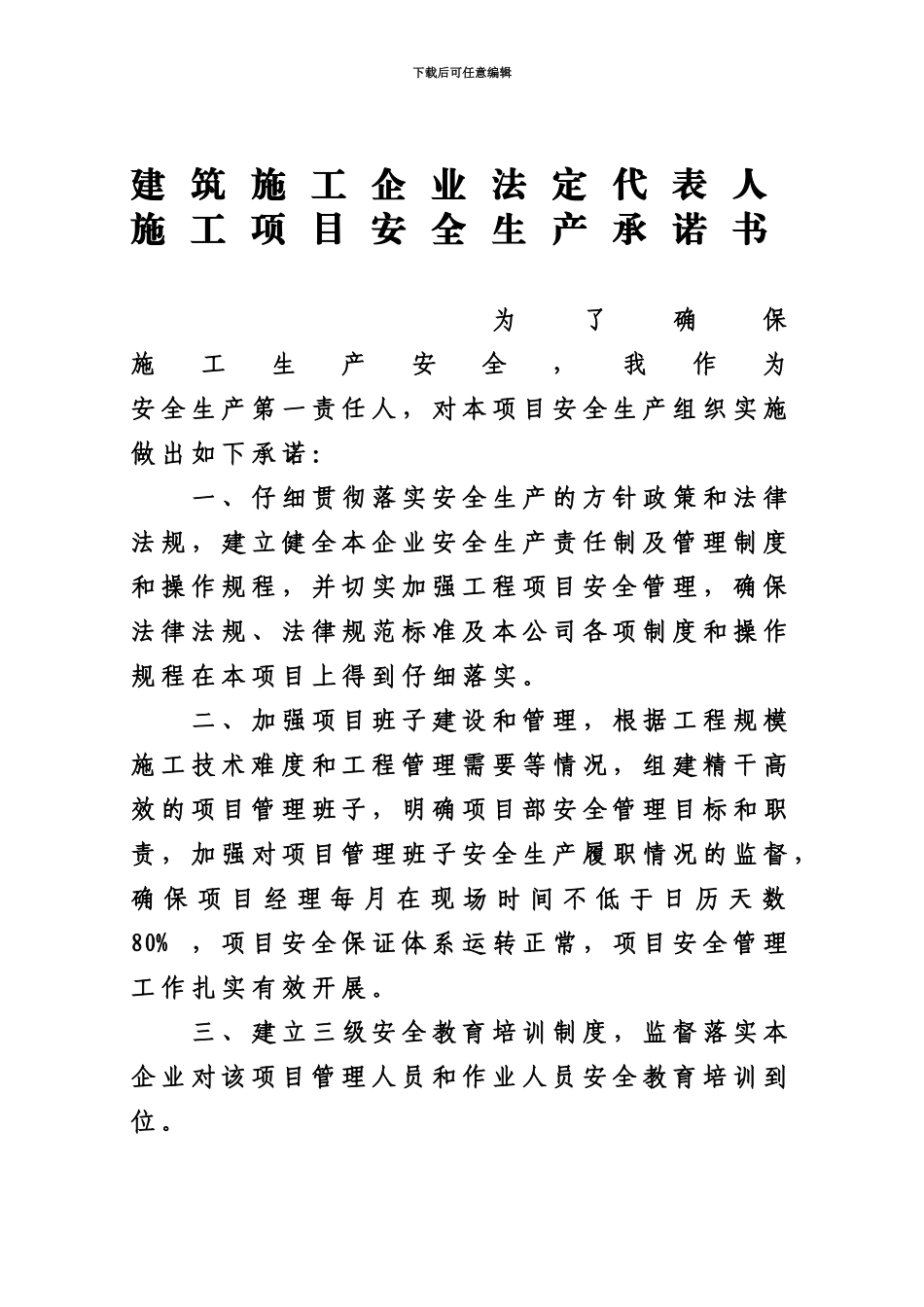企业法人及项目经理安全生产承诺书_第2页