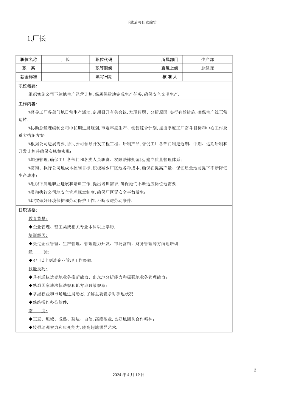 企业生产部组织机构图与岗位职责描述范文_第2页