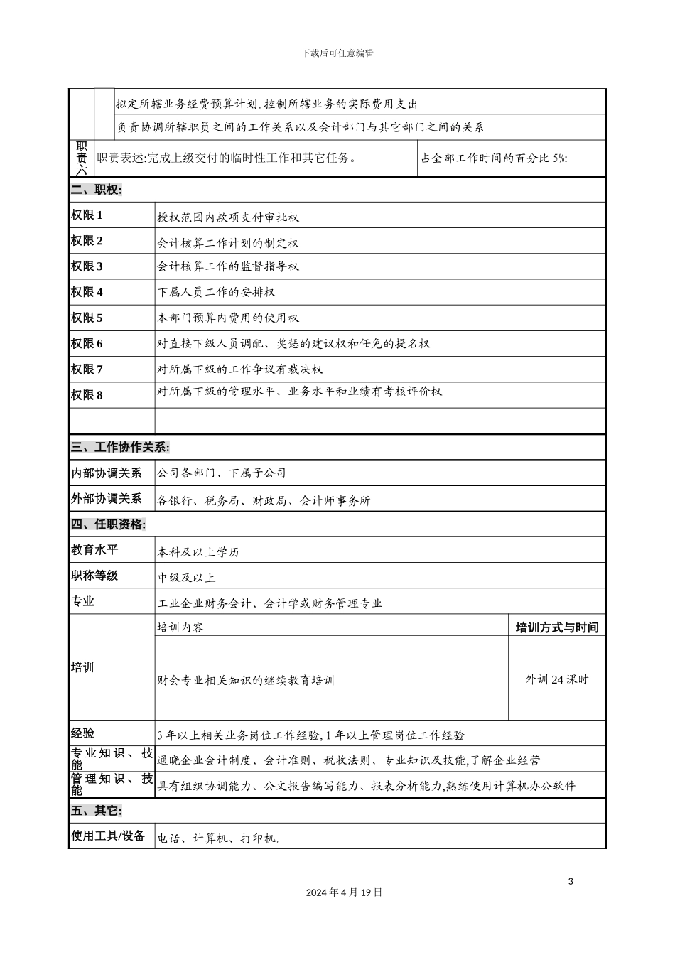 会计主管岗位说明书_第3页