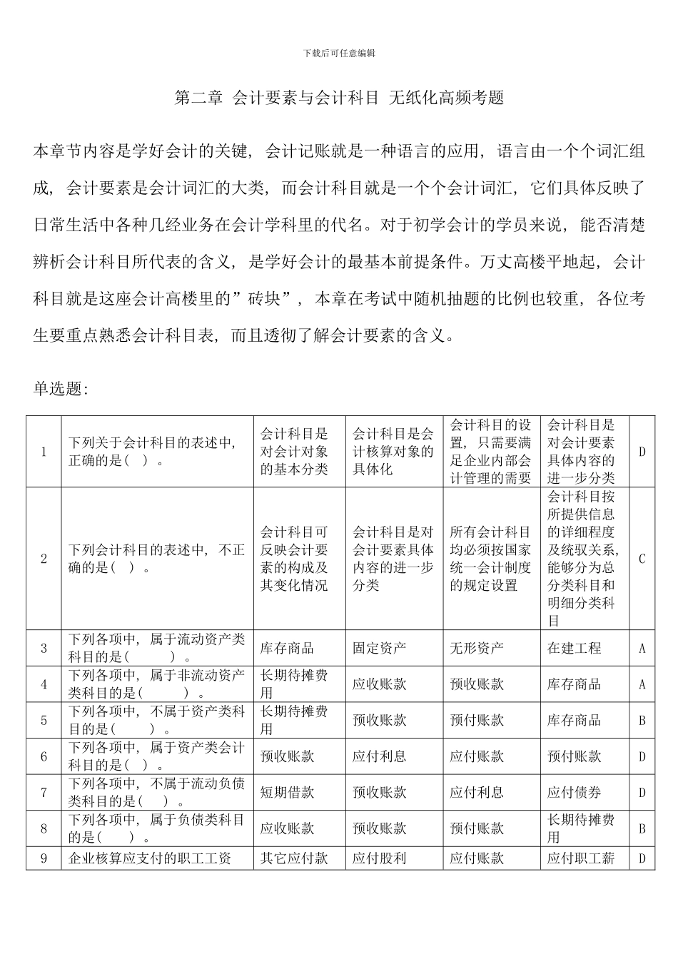 会计基础无纸化考试高频题附答案会计要素与会计科目_第1页