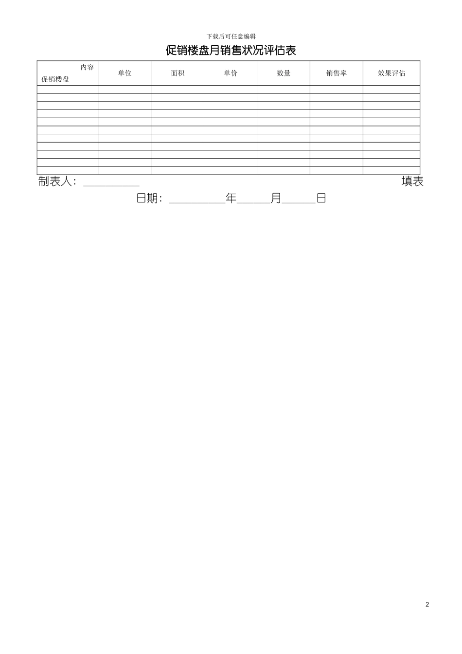 促销楼盘月销售状况评估表模板_第2页