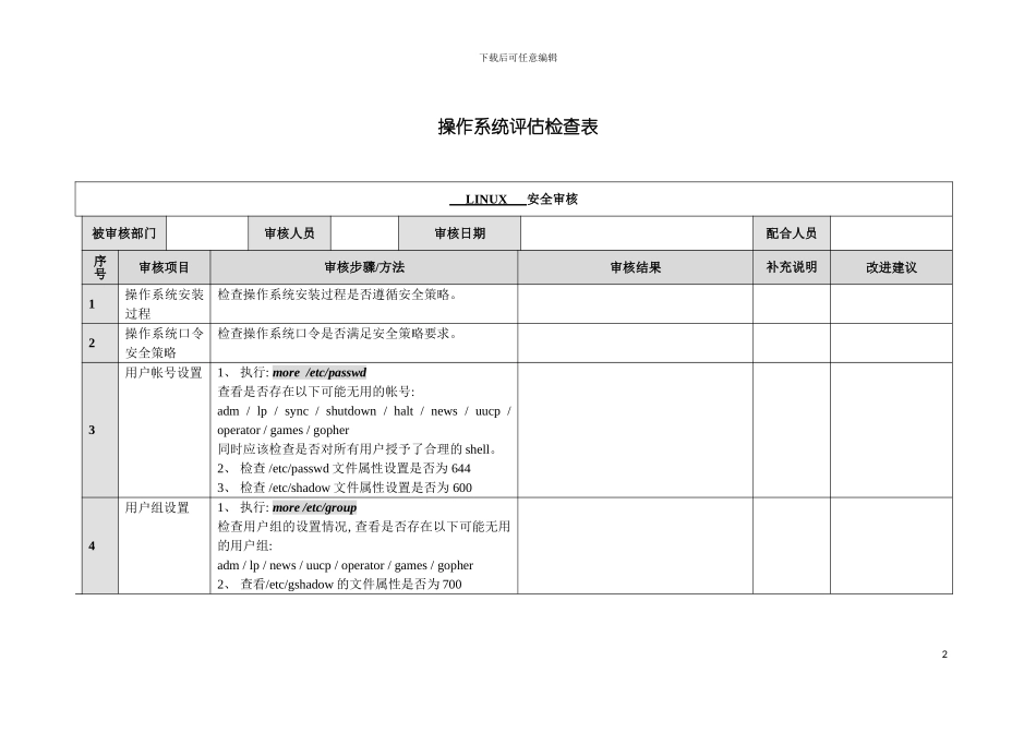 信息安全风险评估检查流程操作系统安全评估检查表Linux模板_第2页