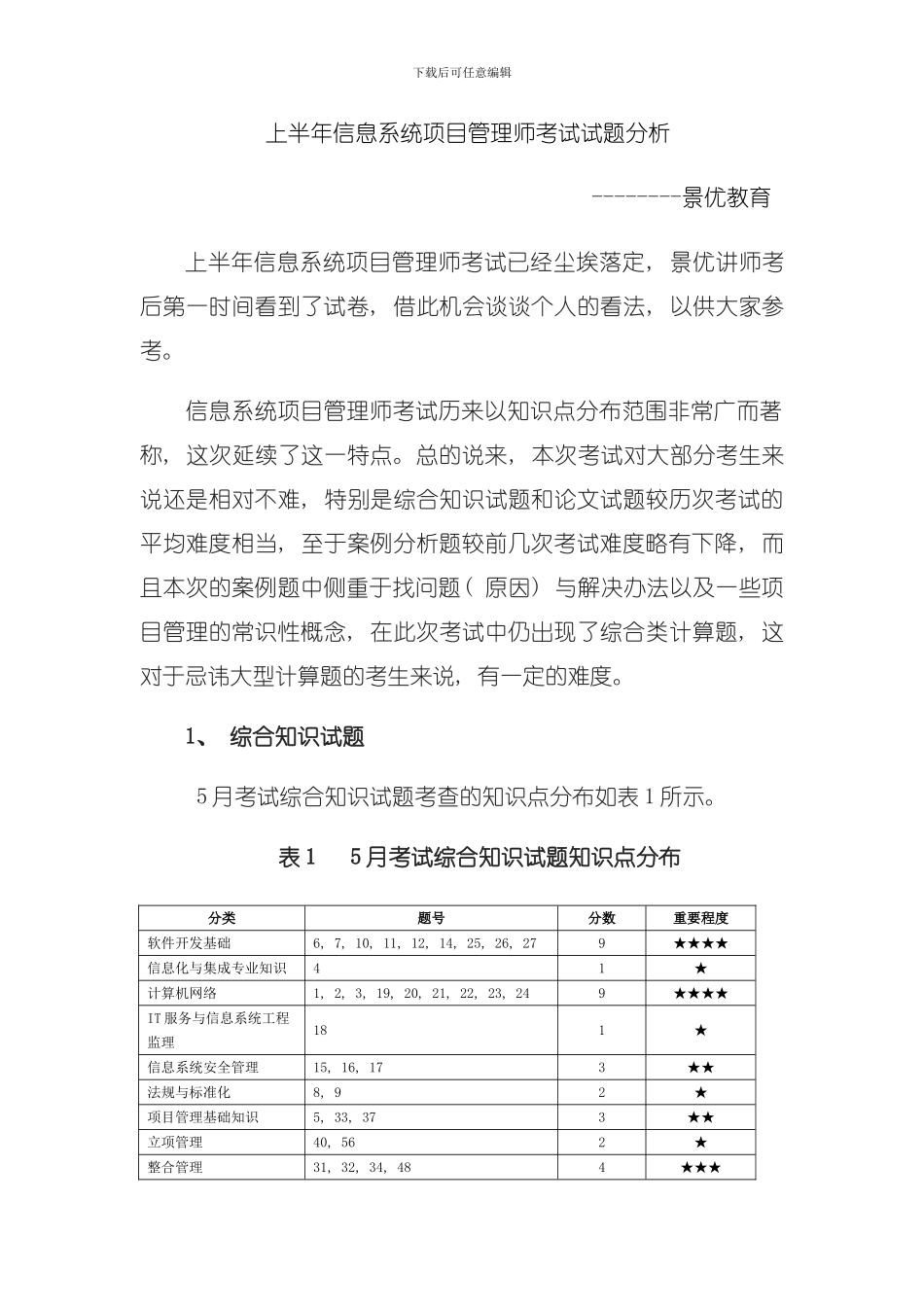 信息系统项目管理师考试真题及分析模板_第1页