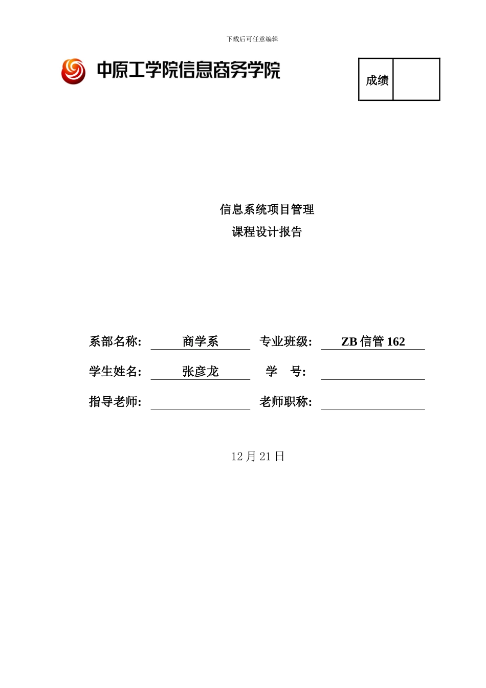 信息系统项目管理课程设计报告样本_第1页