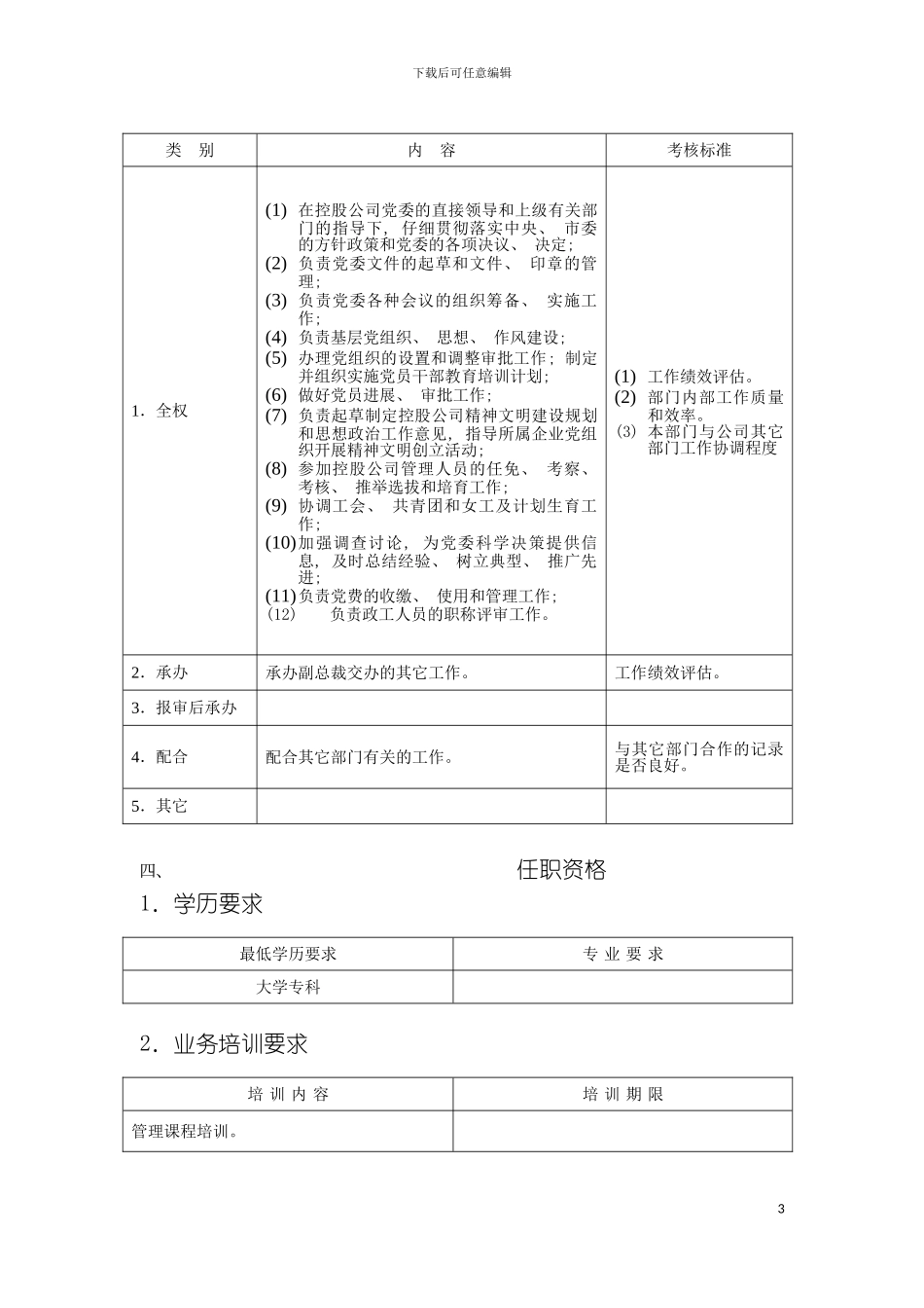 党委办公室主任职位说明书模板_第3页