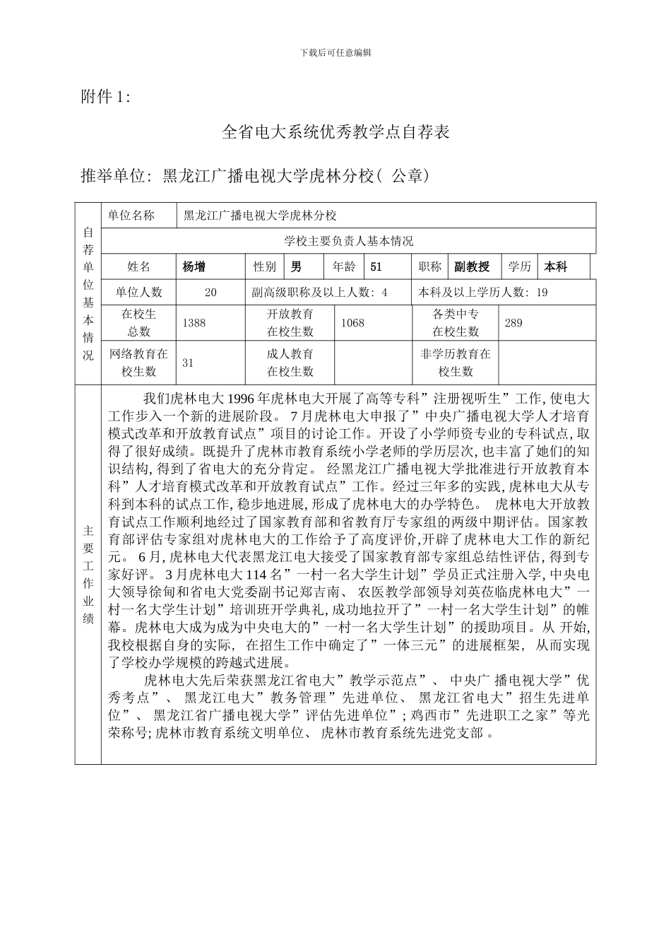 全省电大系统优秀教学点自荐表_第1页