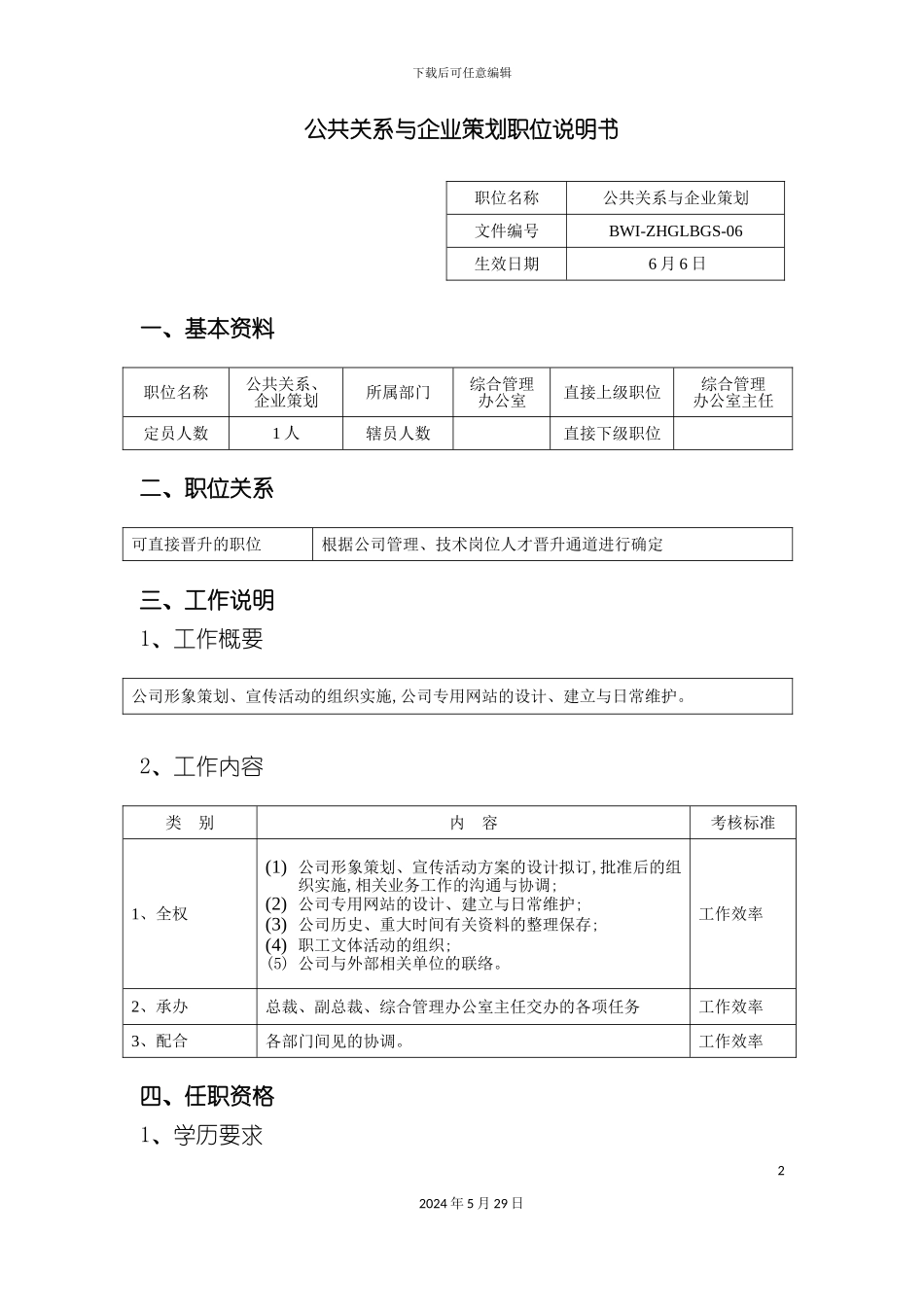 公共关系与企业策划职位说明书_第2页