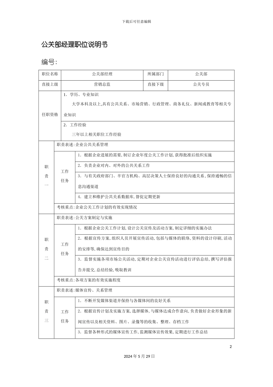 公关部经理职位说明书_第2页