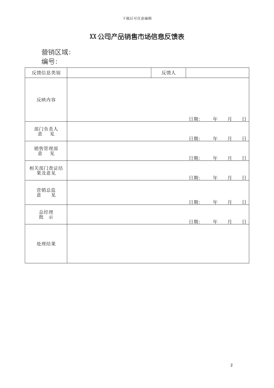 公司产品销售市场信息反馈表样稿模板_第2页
