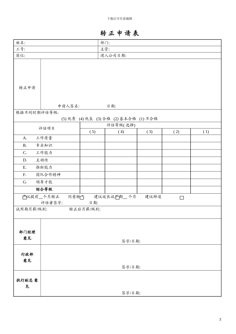 公司员工转正申请表模板_第2页