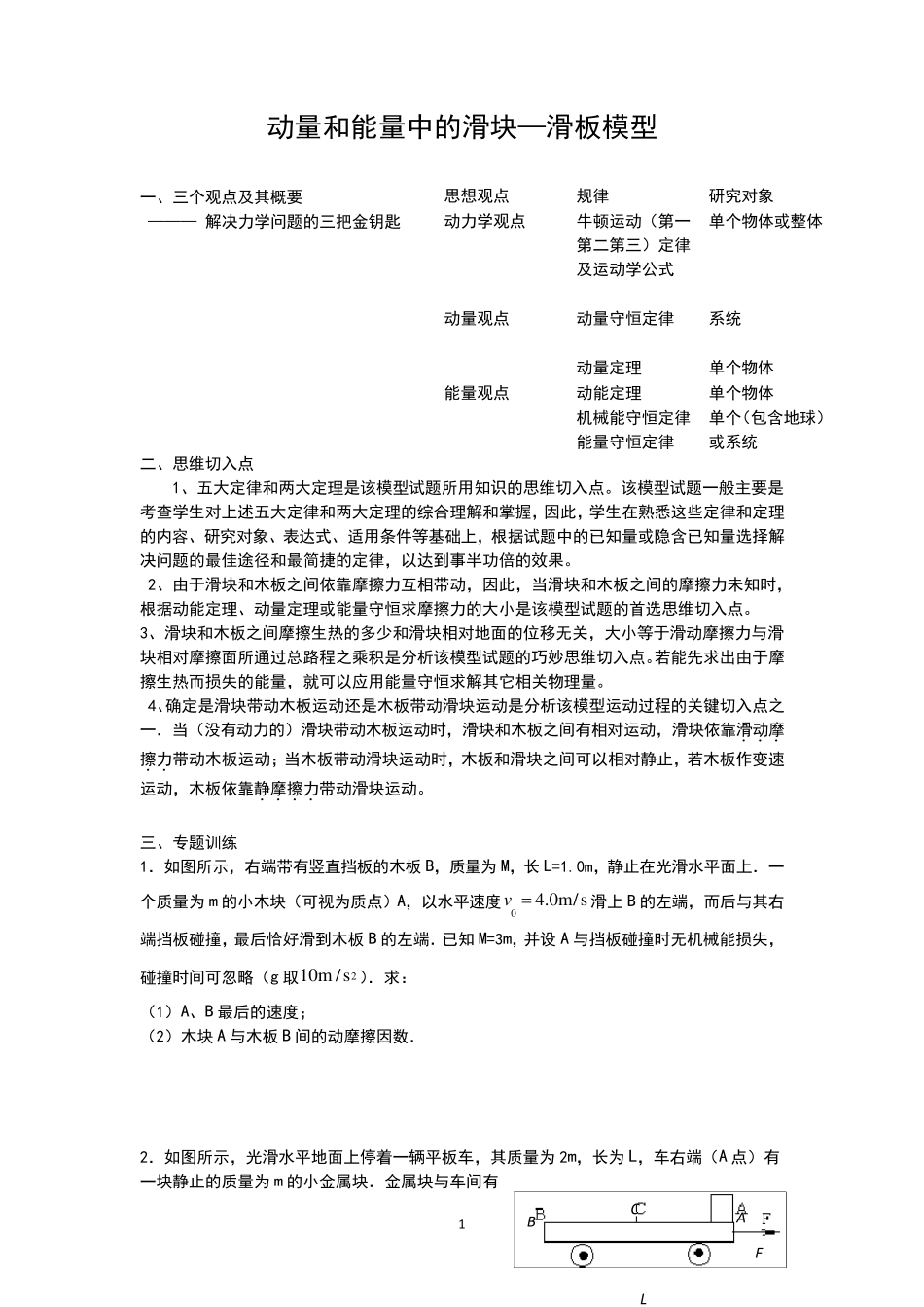 动量和能量中的滑板滑块模型专题_第1页