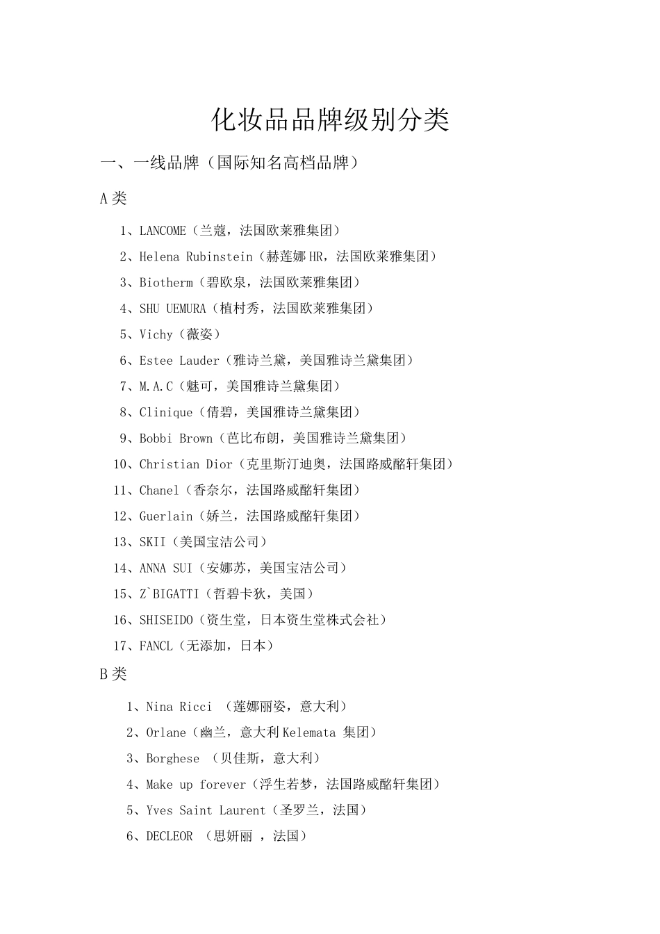 化妆品品牌级别分类及品牌介绍_第1页